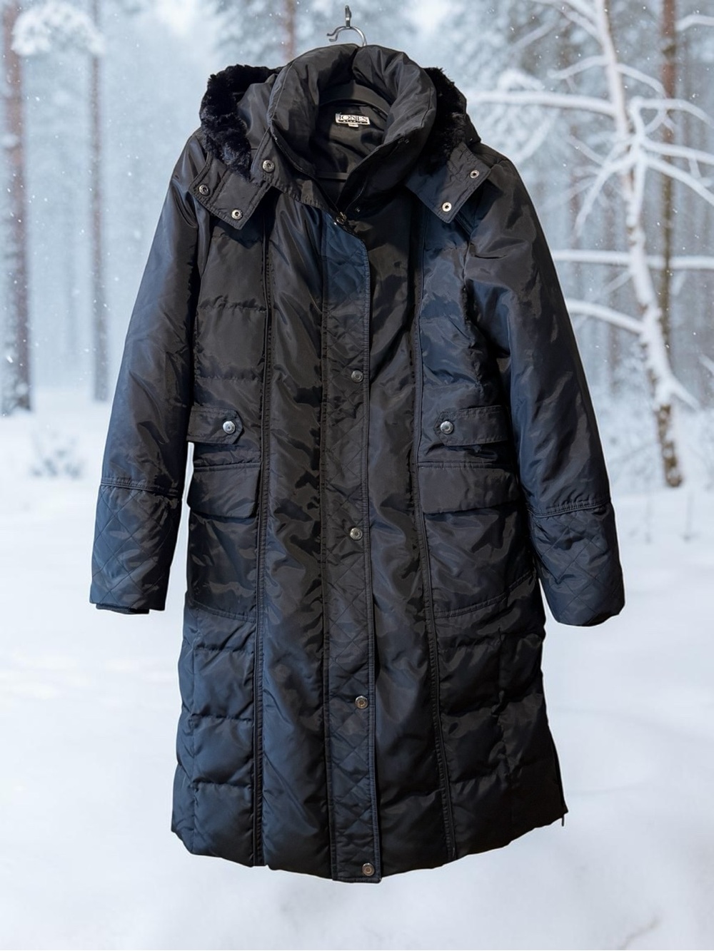 Jones Studio Black Long Down Winter Jacket with Detachable Hood